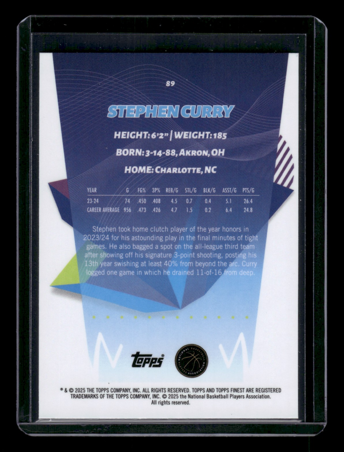 2024-25 Topps Finest STEPHEN CURRY #89 card back image