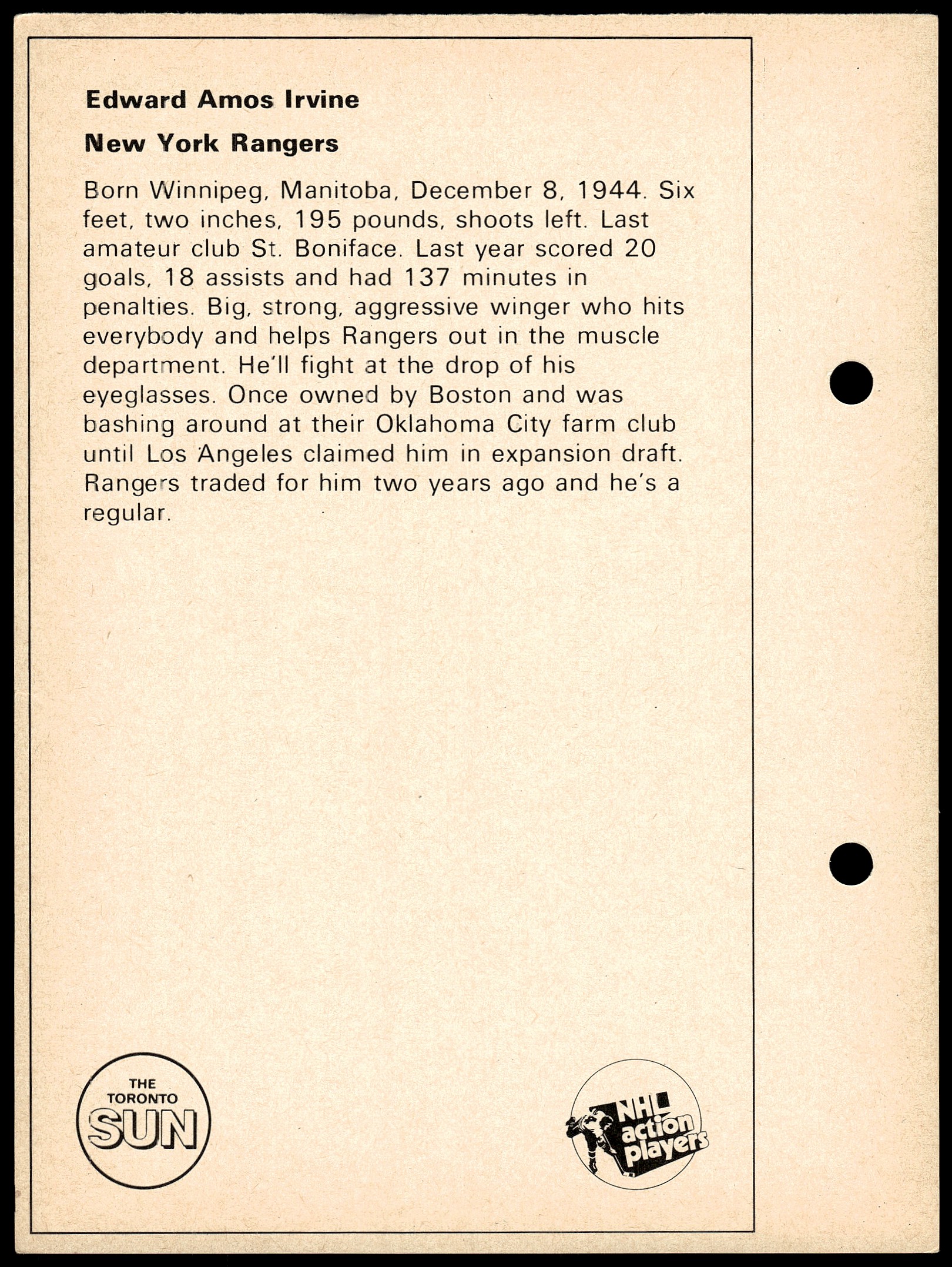 1971-72 Toronto Sun NHL Action Players Ted Irvine card back image