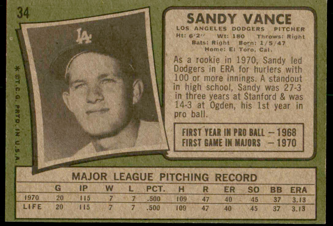 1971 Topps Sandy Vance #34 card back image