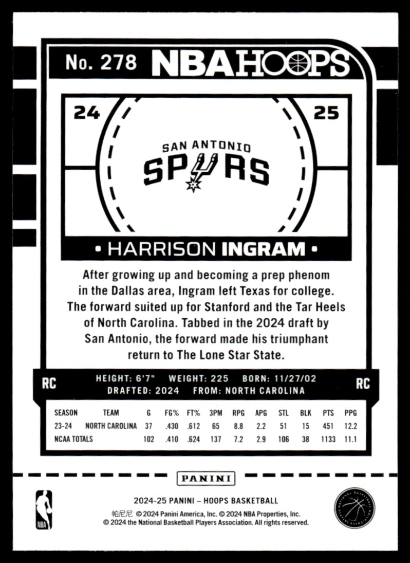 2024-25 Hoops Harrison Ingram #278 card back image