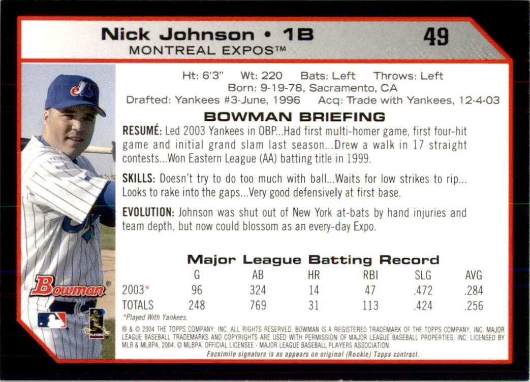 2004 Bowman Nick Johnson Montreal Expos #49 MLB Baseball Sports