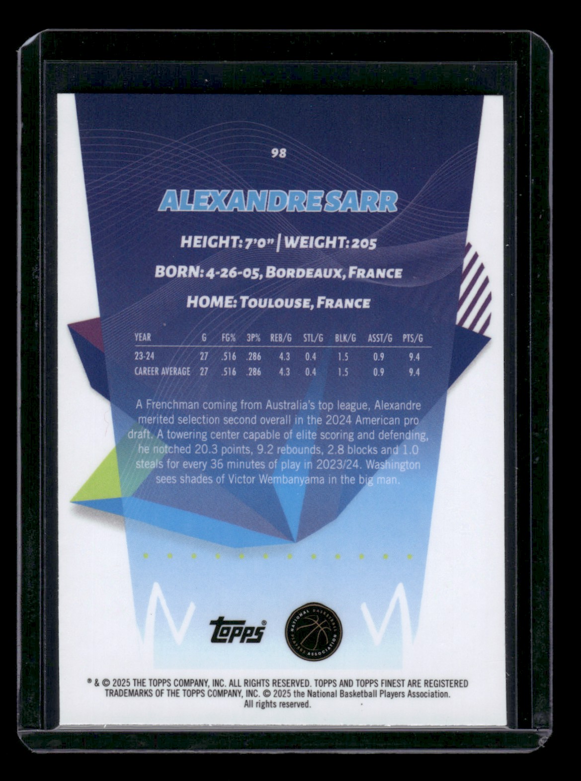 2024-25 Topps Finest ALEXANDRE SARR #98 card back image