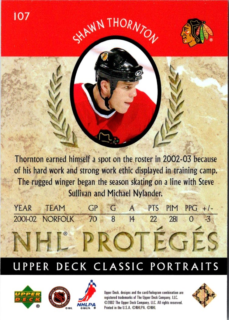 2002-03 Upper Deck Classic Portraits Shawn Thornton #107 card back image