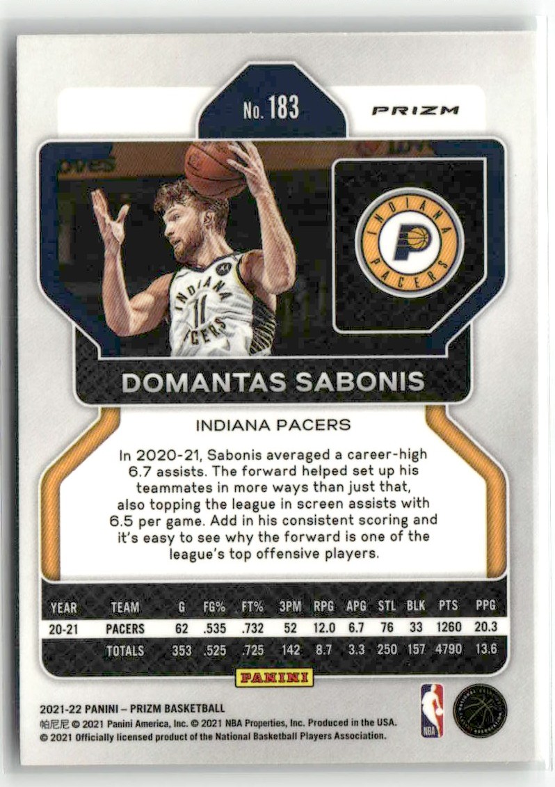 2021-22 Panini Prizm Fast Break Domantas Sabonis #183 card back image