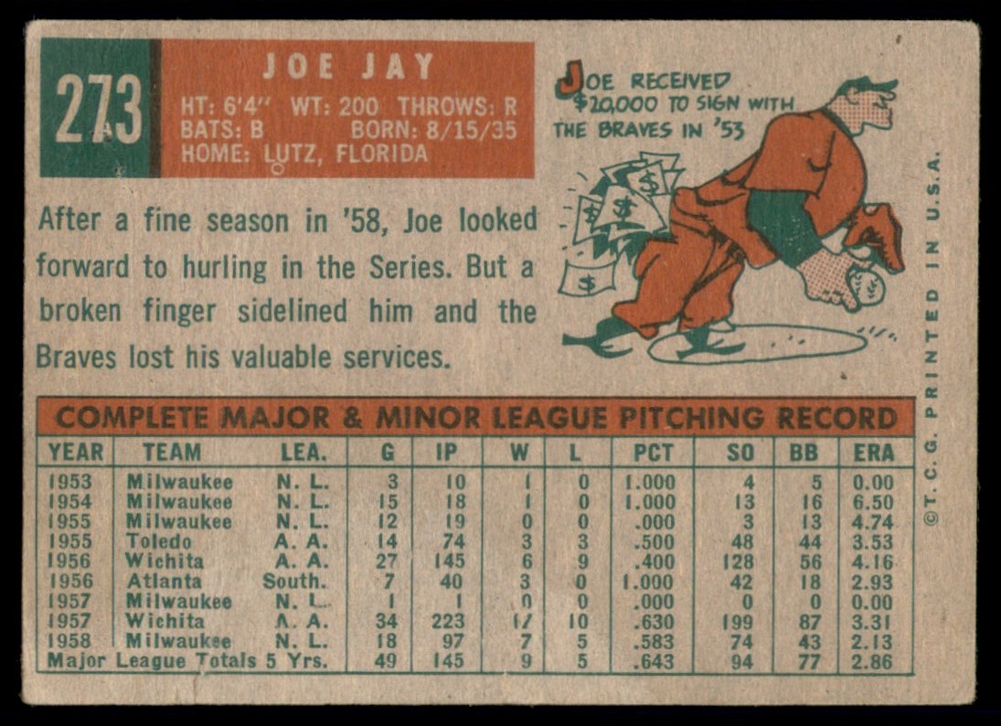 1959 Topps Joey Jay #273 card back image