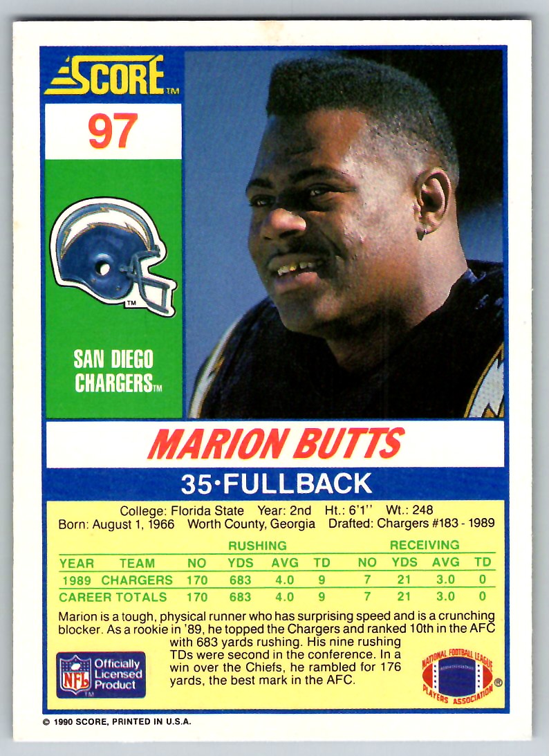1990 SCORE MARION BUTTS SAN DIEGO CHARGERS #97 | eBay