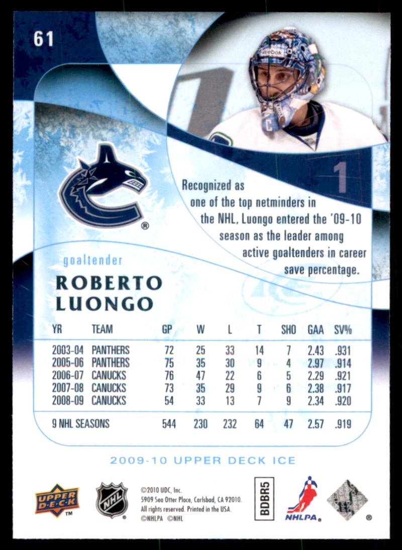 2009-10 Upper Deck Ice Roberto Luongo #61 card back image