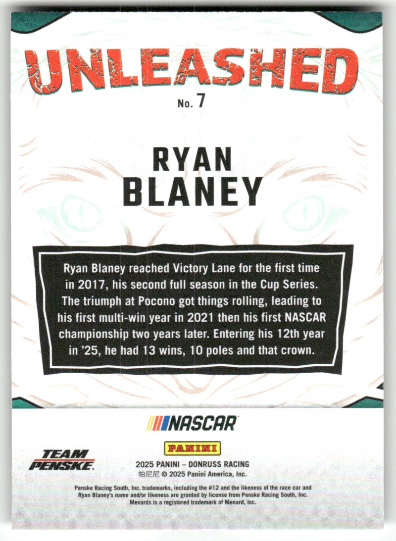 2025 Donruss NASCAR Unleashed RYAN BLANEY #7 card back image