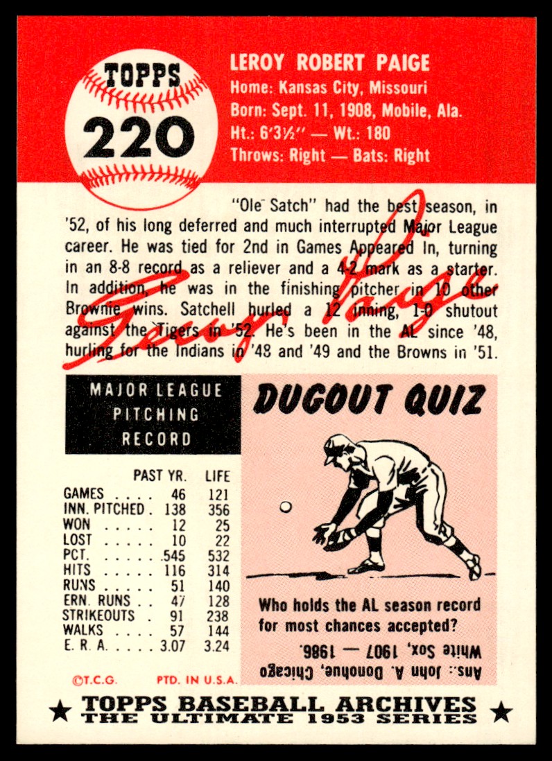 1991 Topps Archives 1953 Baseball Card Satchel Paige St. Louis