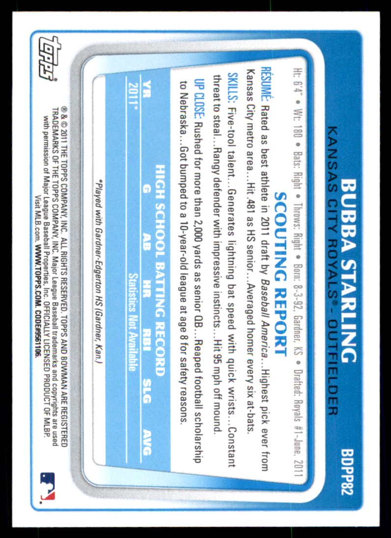 2011 Bowman Draft Prospects Bubba Starling #BDPP82 card back image