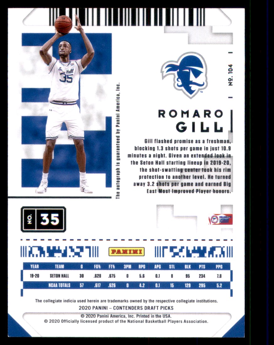 2020-21 Panini Contenders Draft Picks Game Ticket Red Romaro Gill #104 card back image