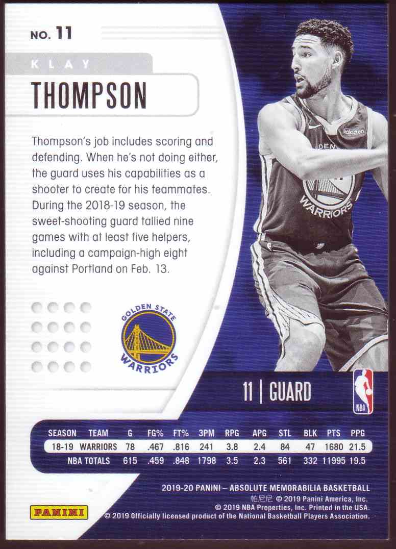2019-20 Absolute Memorabilia Red Klay Thompson #11 card back image