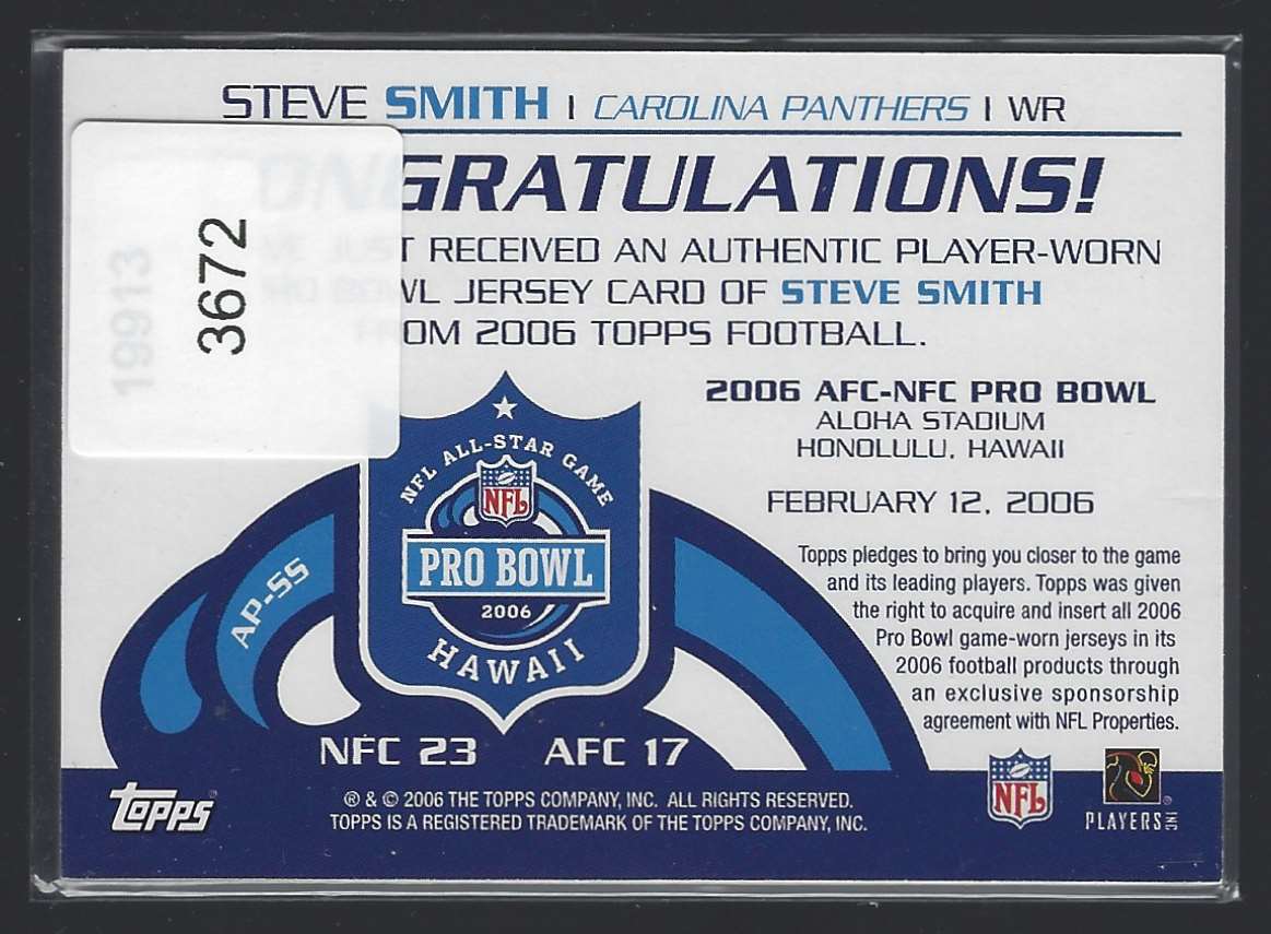 2006 Topps All-Pro Relics Steve Smith A #APSS card back image