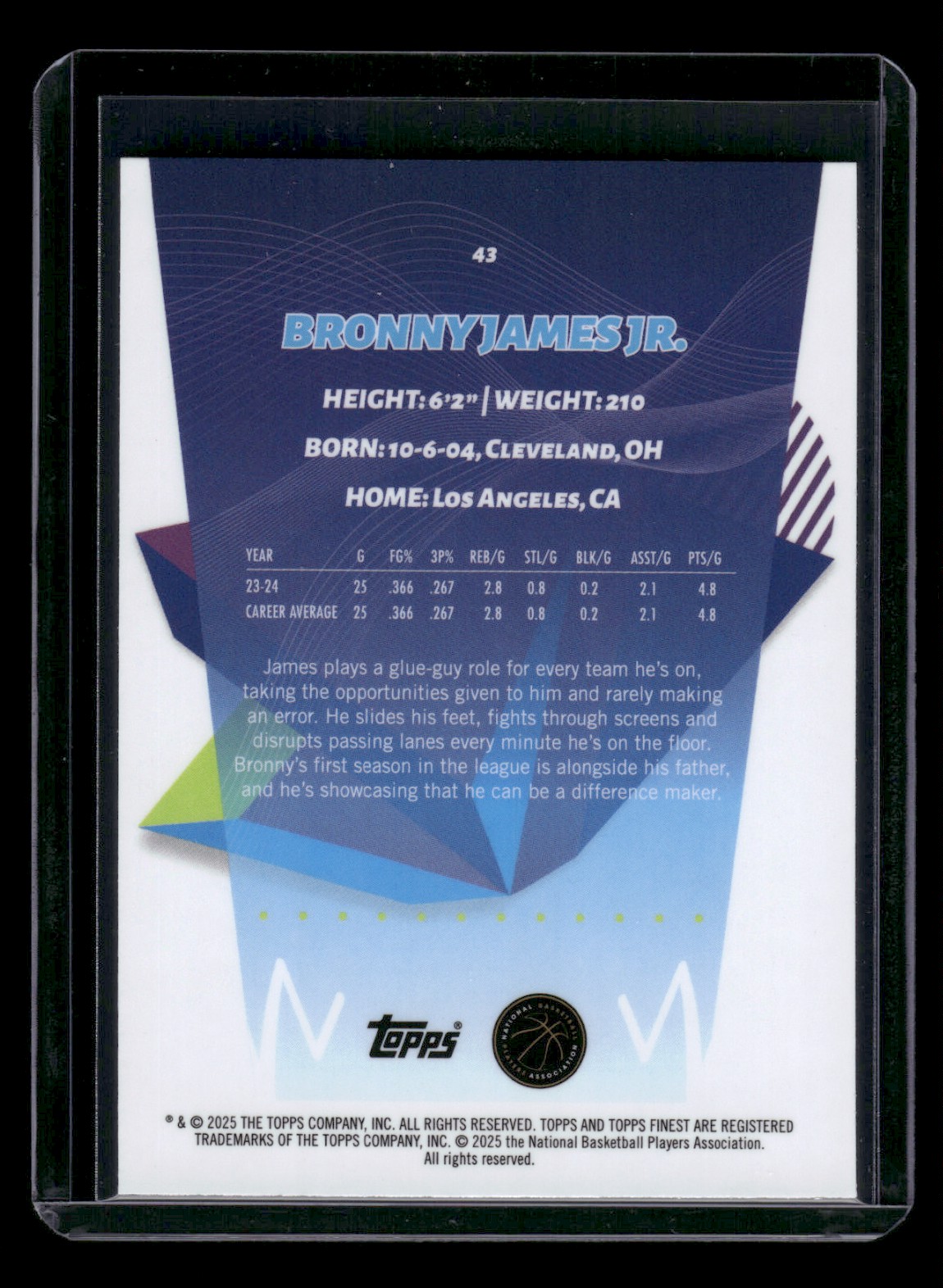2024-25 Topps Finest BRONNY JAMES JR. #43 card back image