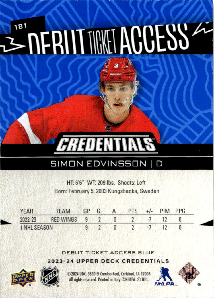 2023-24 Upper Deck Credentials Rookie Debut Ticket Access Blue