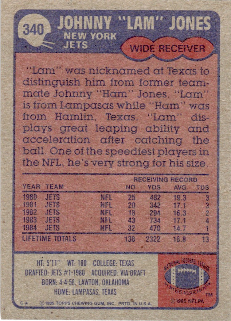 1985 Topps Lam Jones B #340 card back image