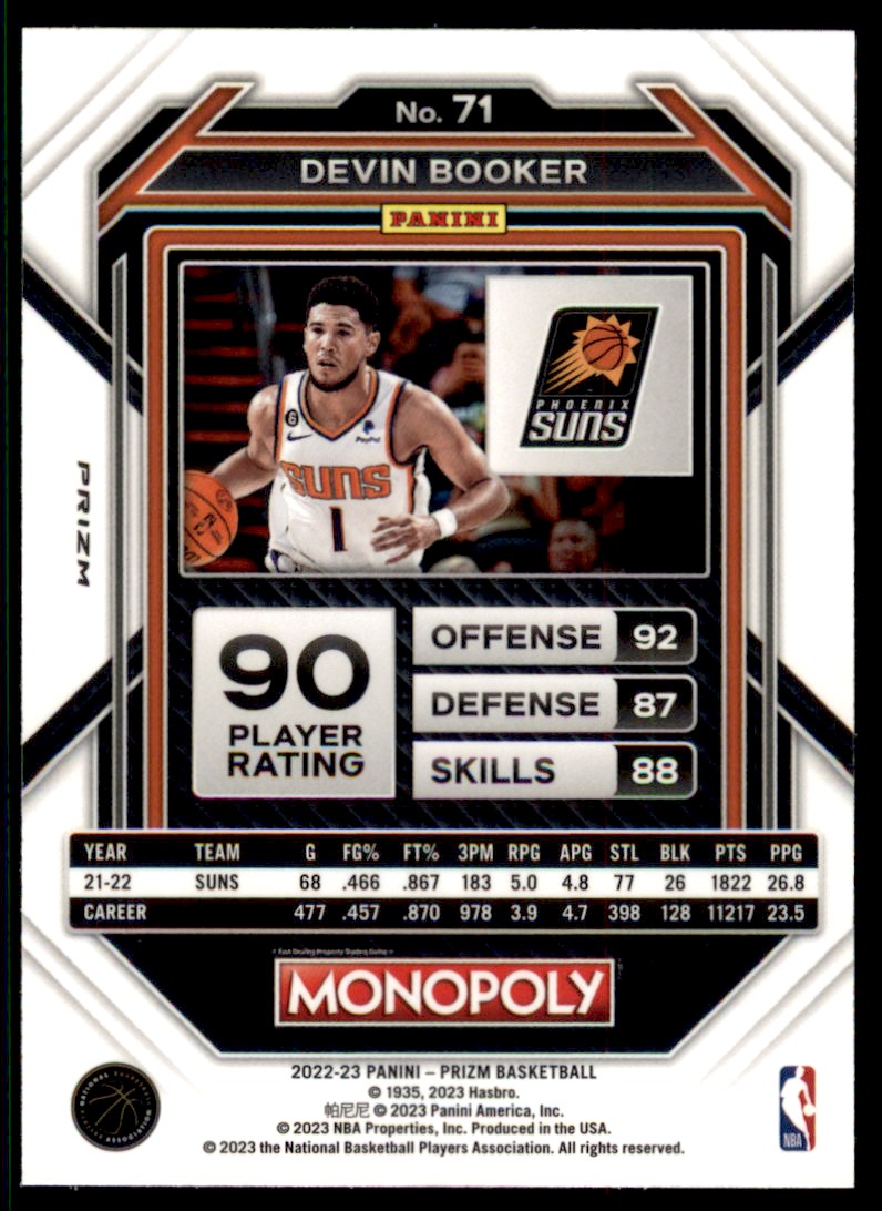 2022-23 Panini Prizm Monopoly Silver Devin Booker Phoenix Suns #71