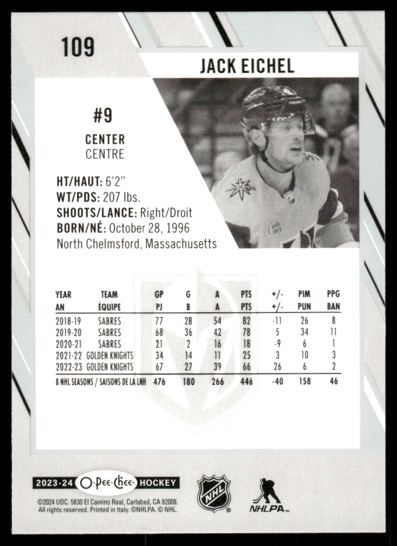 2023-24 O-Pee-Chee Jack Eichel #109 card back image