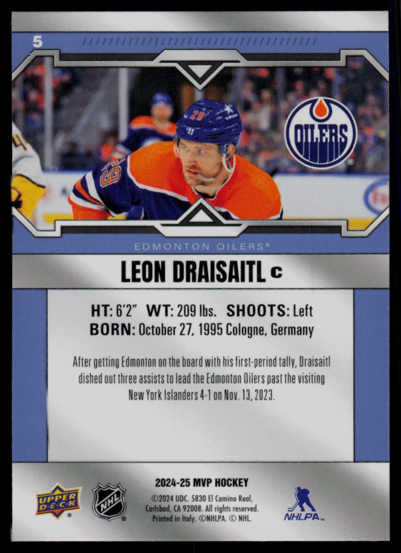 2024-25 Upper Deck MVP Hockey LEON DRAISAITL #5 card back image
