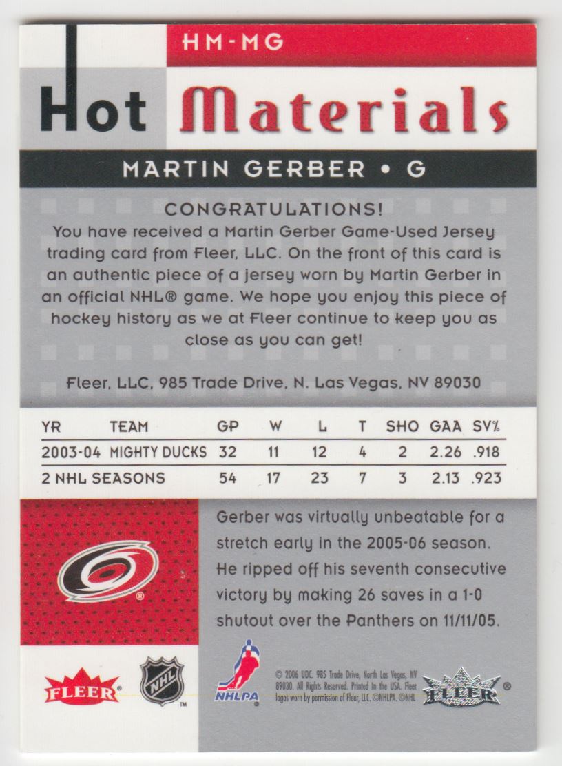 2005-06 Hot Prospects Hot Materials Martin Gerber #HM-MG card back image