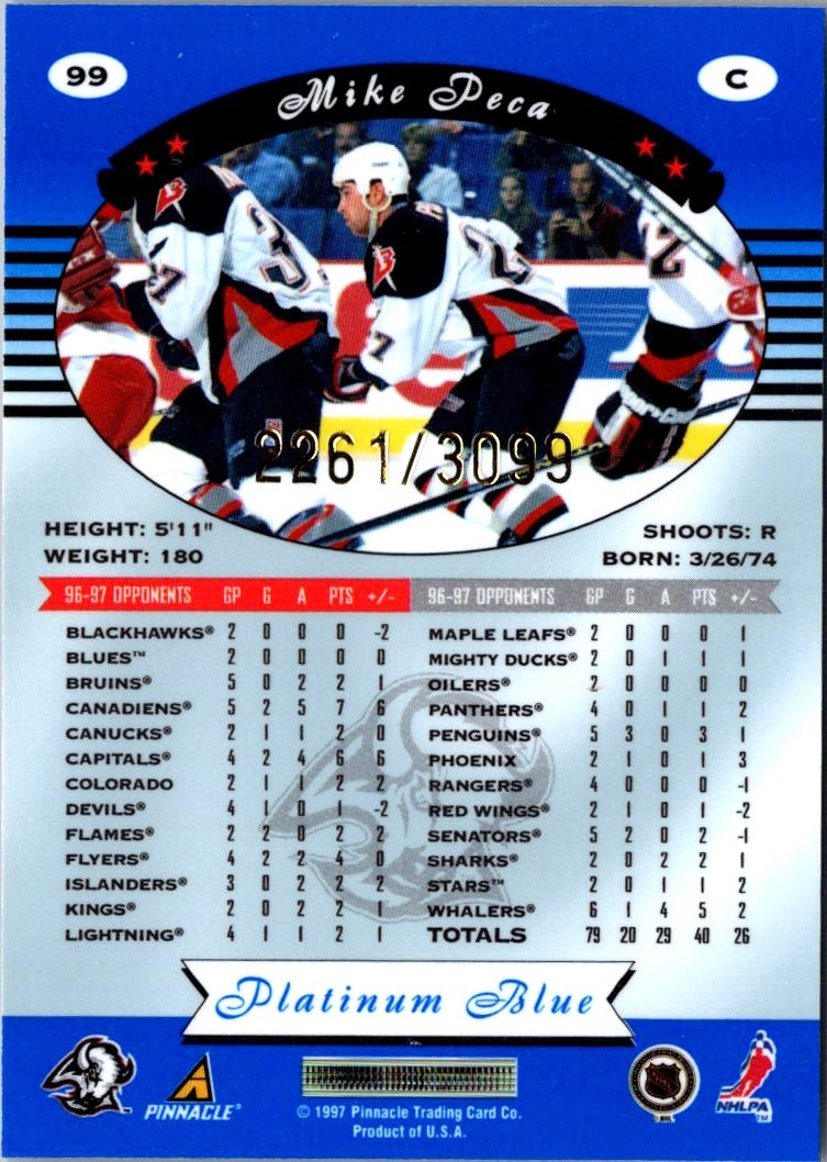 1997-98 Pinnacle Totally Certified Blue Michael Peca #99 card back image