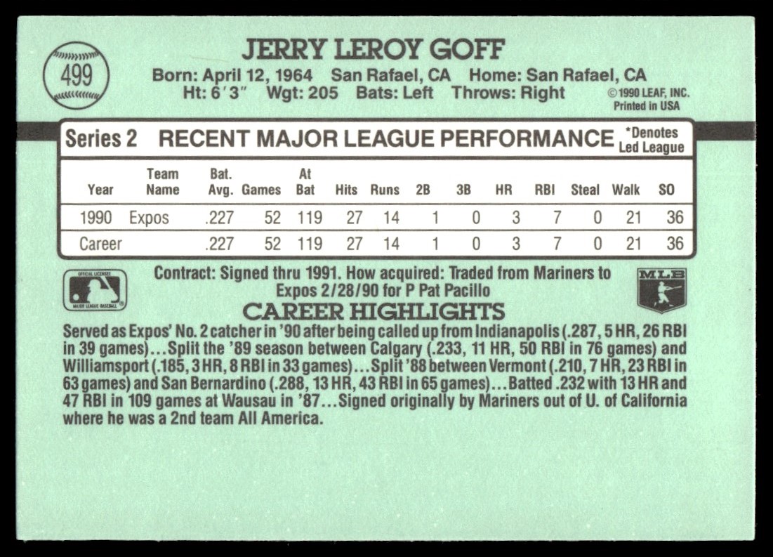 1991 Donruss Jerry Goff #499 card back image