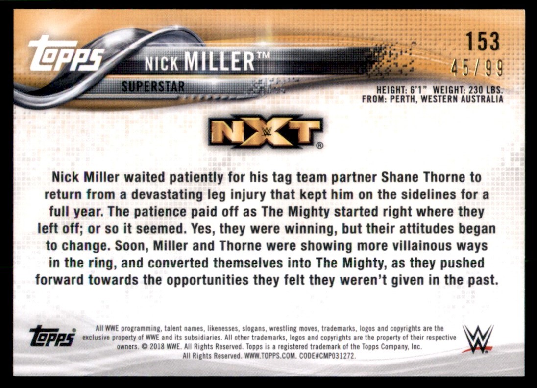 2018 Topps WWE Then Now Forever Blue Nick Miller #153 card back image