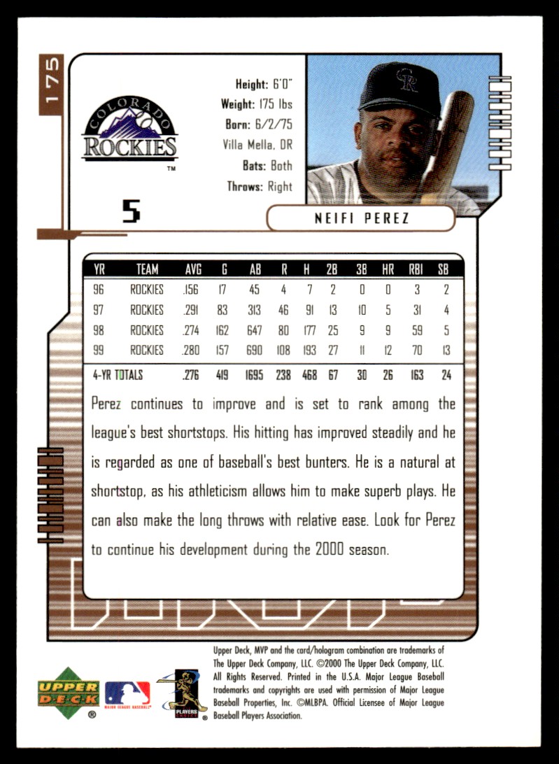 2000 Upper Deck MVP Neifi Perez #175 card back image