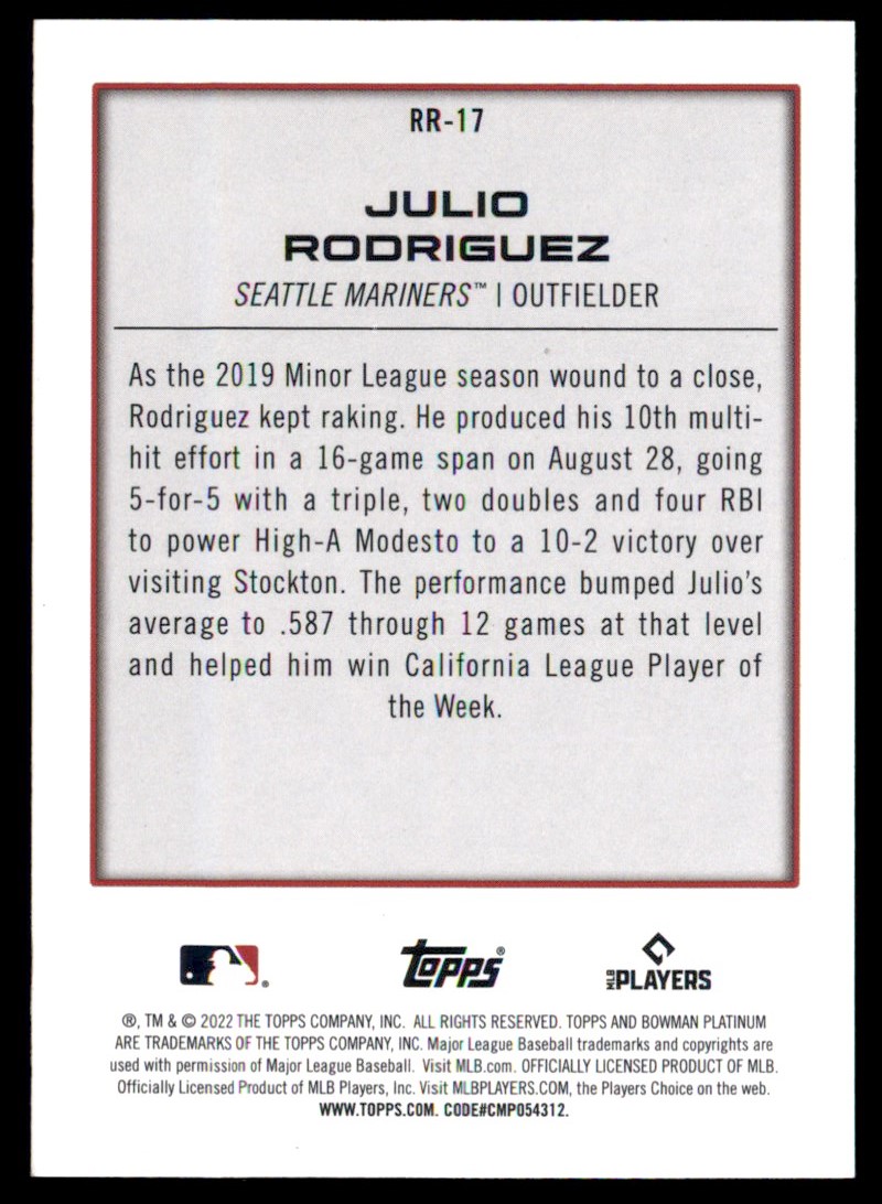 2022 Bowman Platinum Renowned Rookies Julio Rodriguez #BTP-19 card back image