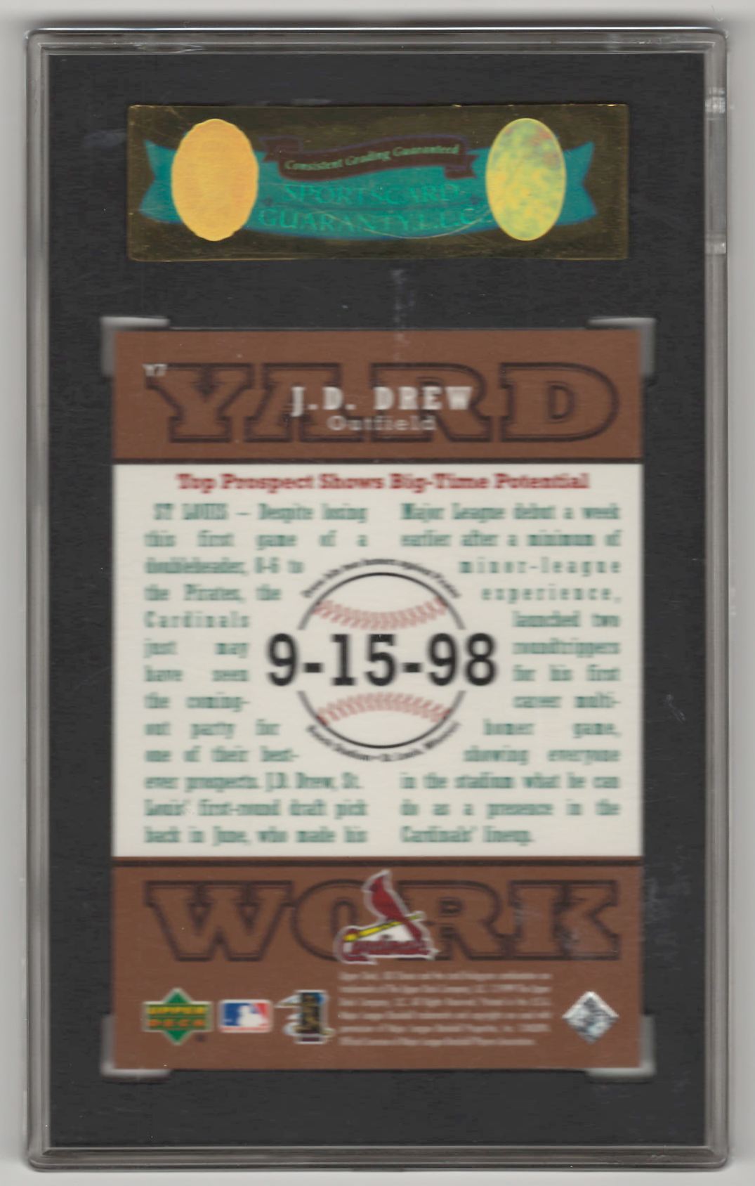 1999 UD Choice Yardwork J.D. Drew #Y7 card back image