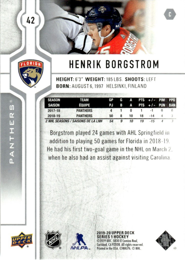 2019-20 Upper Deck Henrik Borgstrom #42 card back image