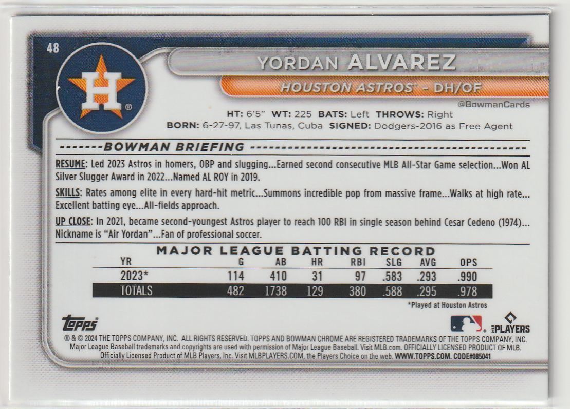 2024 Bowman Chrome Yordan Alvarez #48 card back image