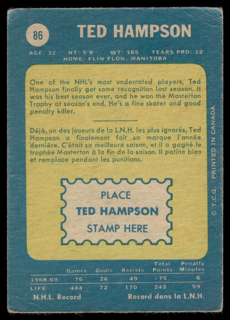 1969-70 O-Pee-Chee Hockey OPC Ted Hampson #86 card back image