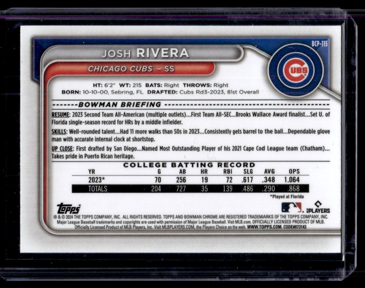 2024 Bowman Chrome Prospects Josh Rivera BCP115 on Kronozio