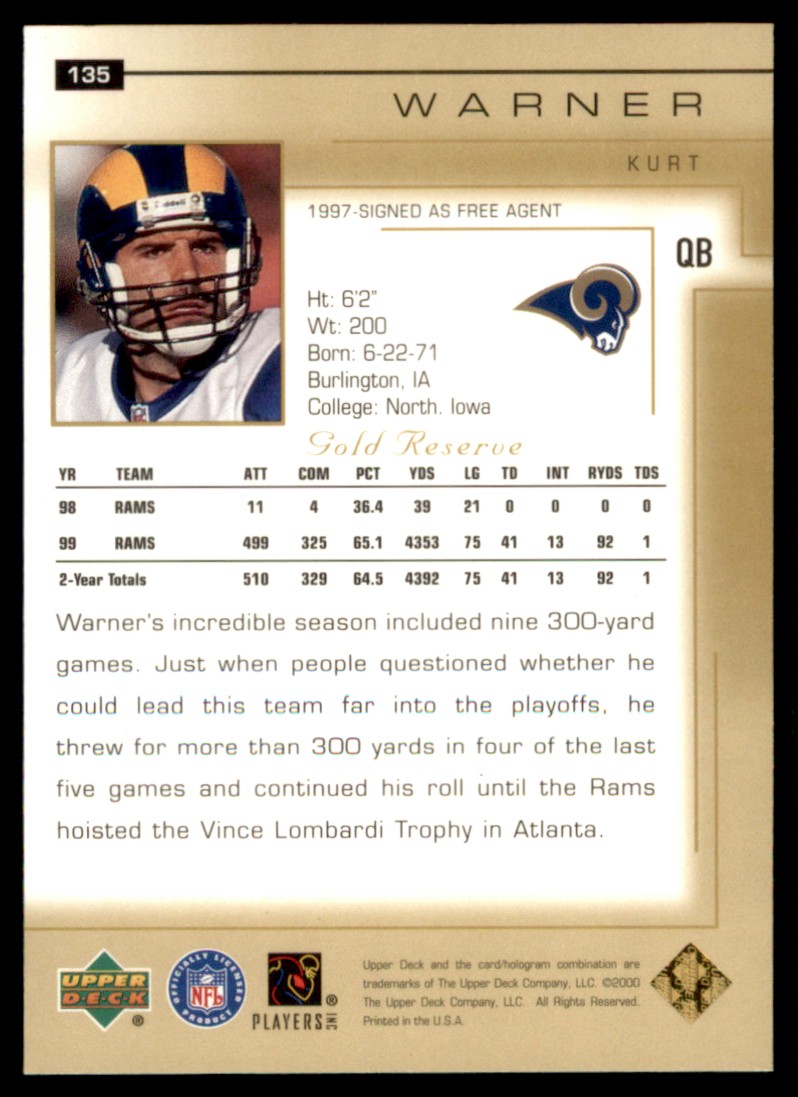 2000 Upper Deck Gold Reserve Kurt Warner #135 card back image