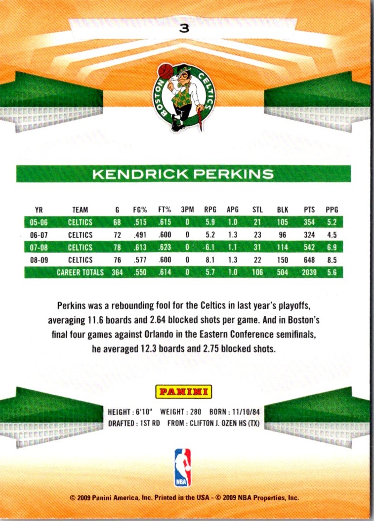 2009-10 Panini Kendrick Perkins #3 card back image