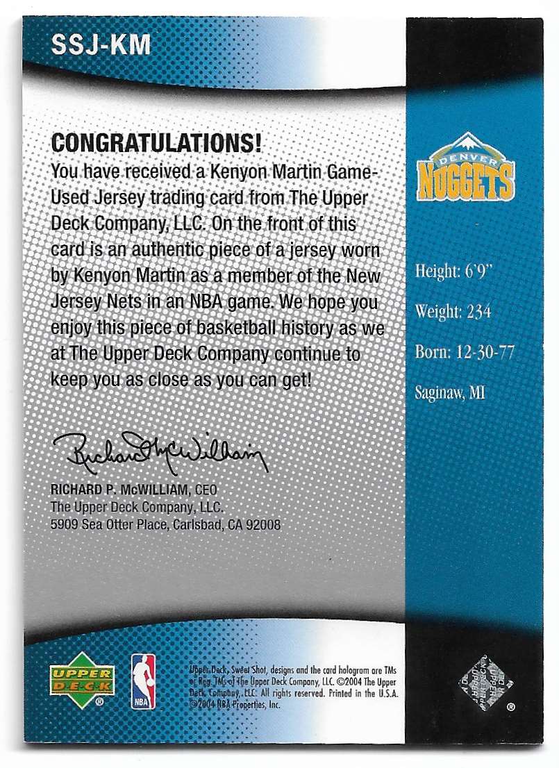 2004-05 Upper Deck Sweet Shot Jersey Kenyon Martin #SSJ-KM card back image
