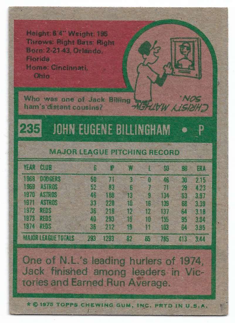 1975 Topps Jack Billingham #235 card back image