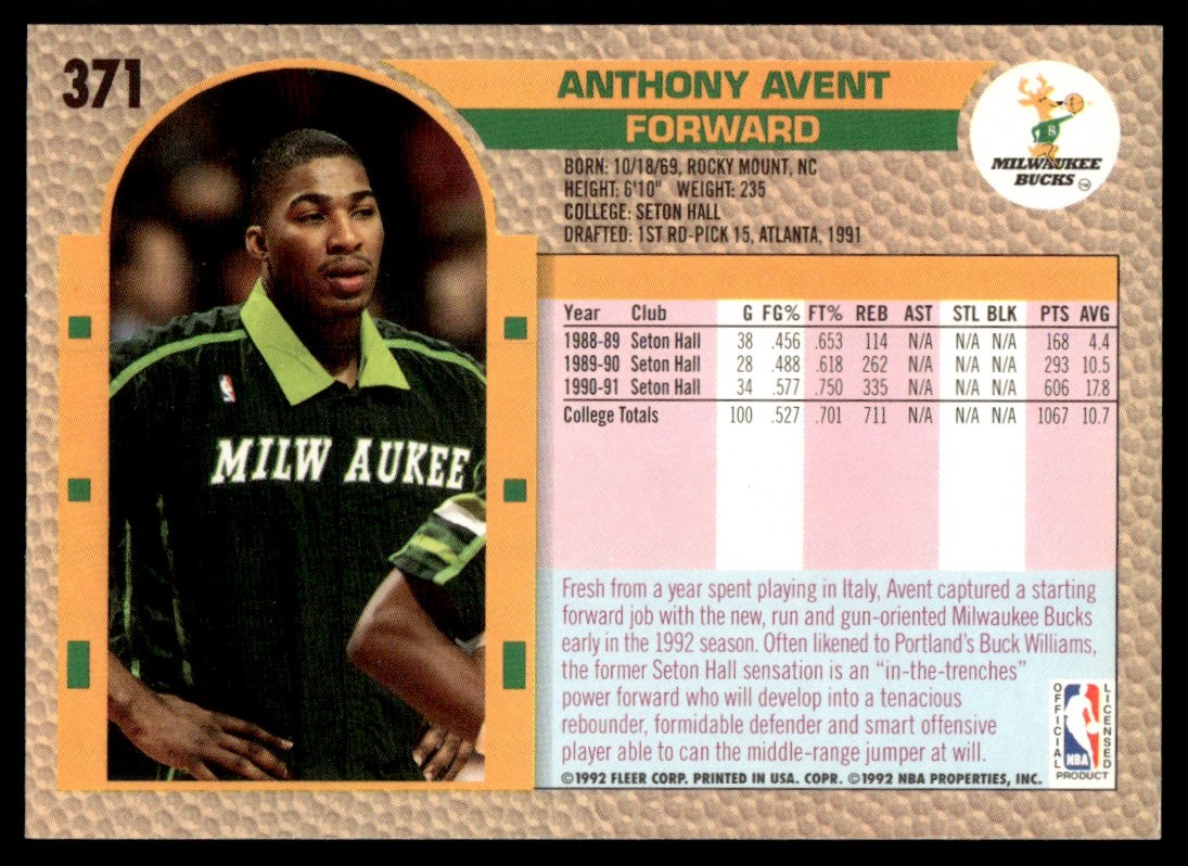 1992-93 Fleer Anthony Avent #371 card back image