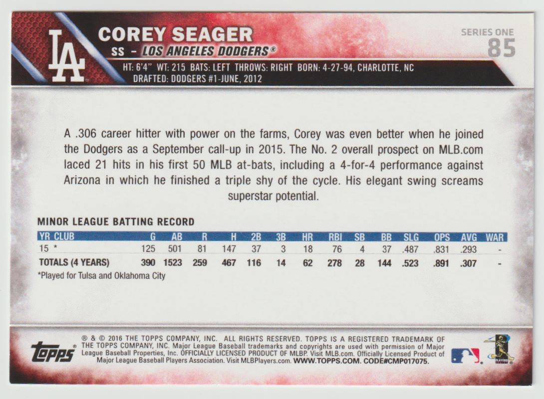 2016 Topps All-Star Game Corey Seager #85 card back image