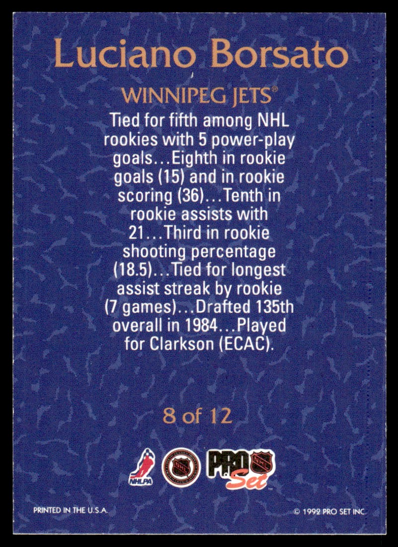 1992-93 Pro Set Rookie Goal Leaders Luciano Borsato #8 card back image