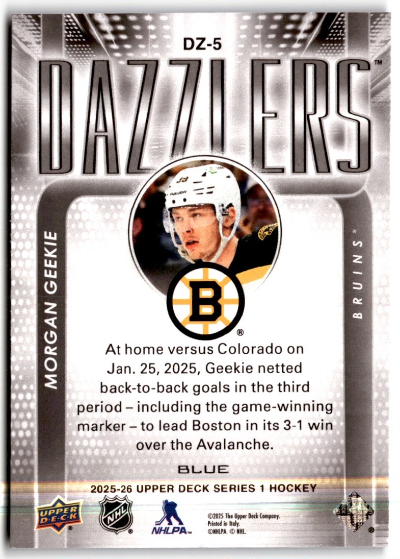 Morgan Geekie 2025-26 Upper Deck Dazzlers Blue #DZ-5 Boston Bruins