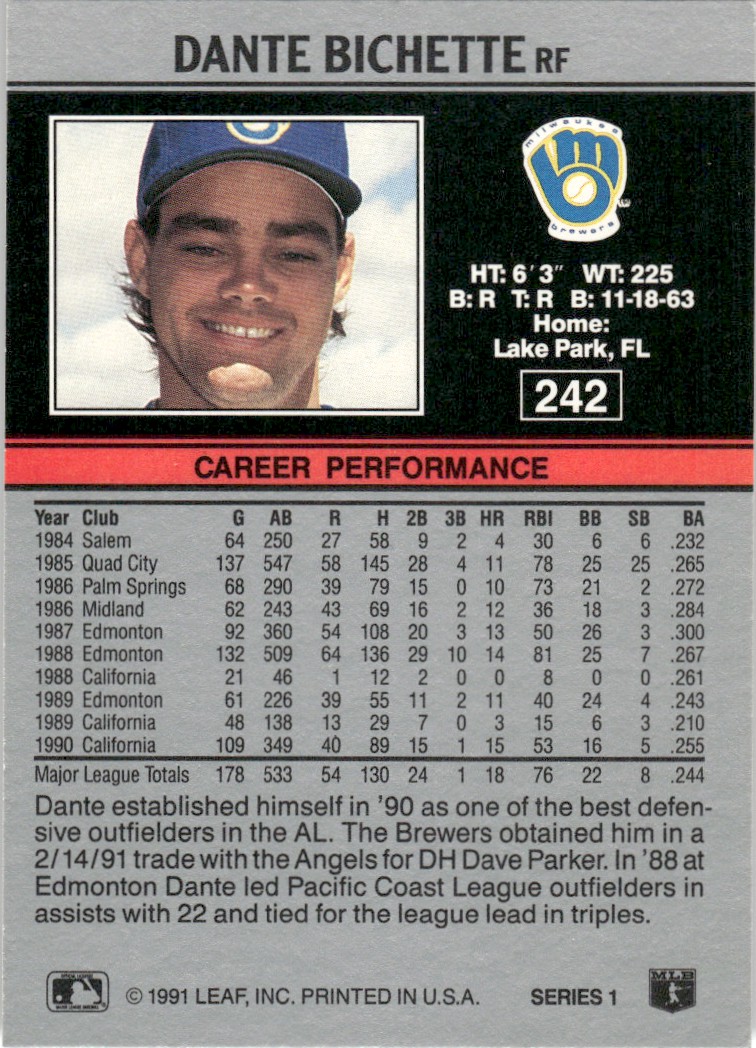 1991 Leaf Major League MLB Baseball Dante Bichette #242 card back image