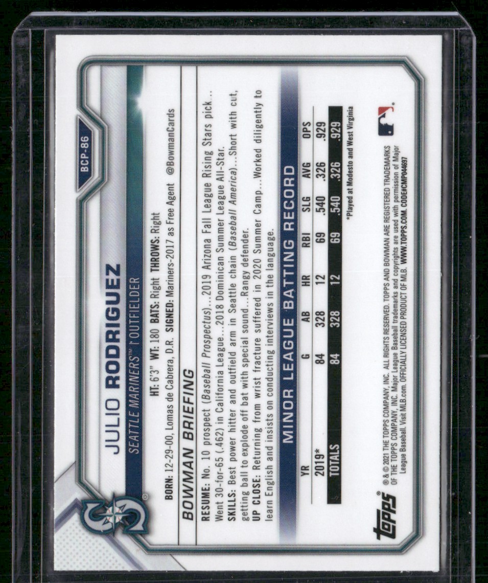 2021 Bowman Chrome Prospects Mojo Refractor Julio Rodriguez #BCP-86 card back image