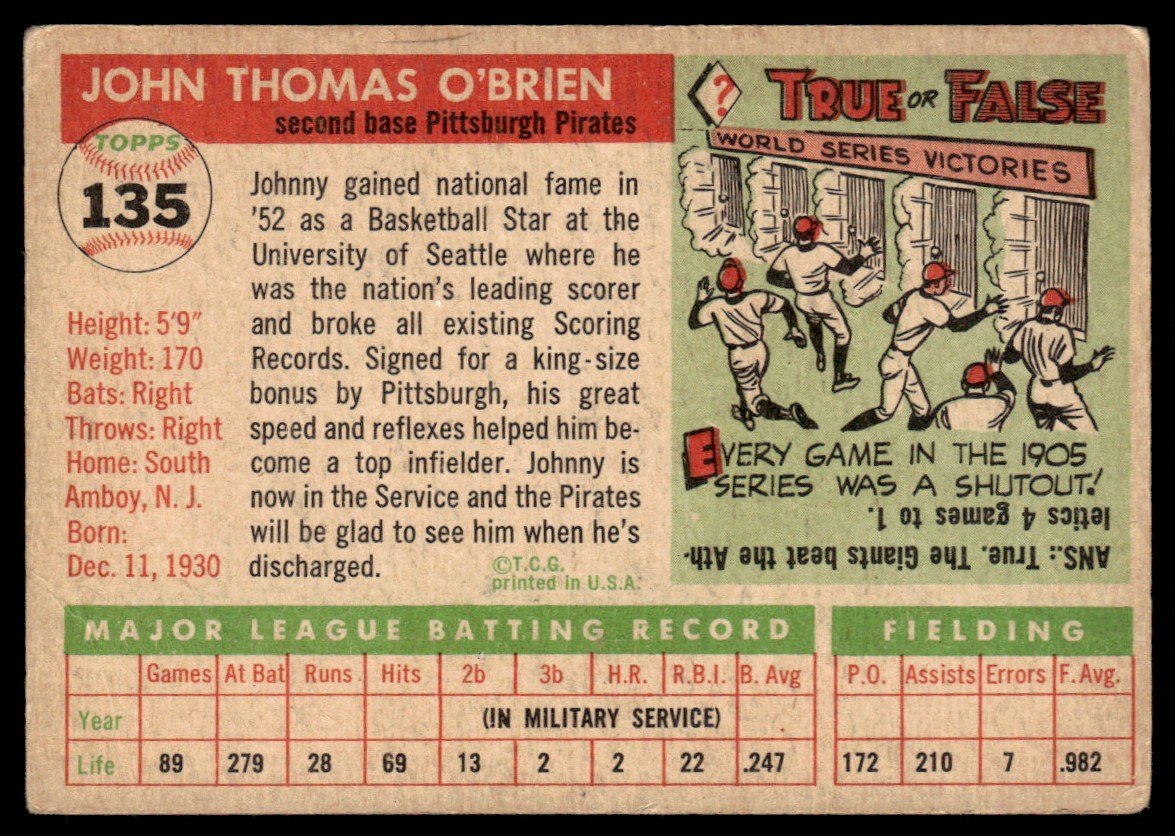 1955 Topps Johnny O'Brien #135 card back image