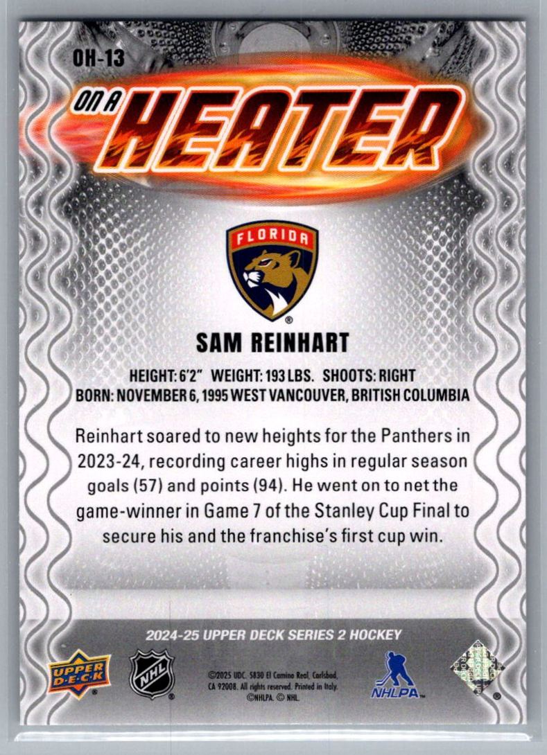 2024-25 Upper Deck On a Heater Sam Reinhart #OH-13 card back image