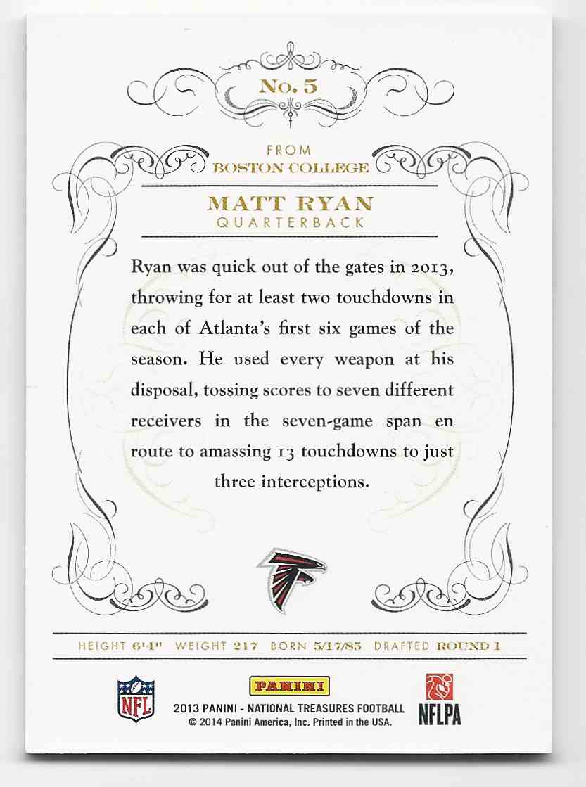 2013 Panini National Treasures Century Gold Matt Ryan #5 card back image