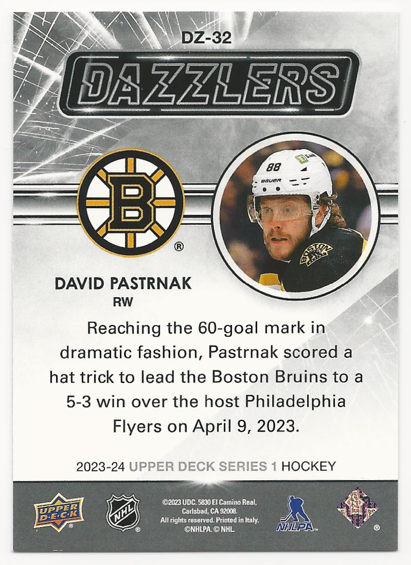2023-24 Upper Deck Dazzlers Blue David Pastrnak #DZ-32 card back image