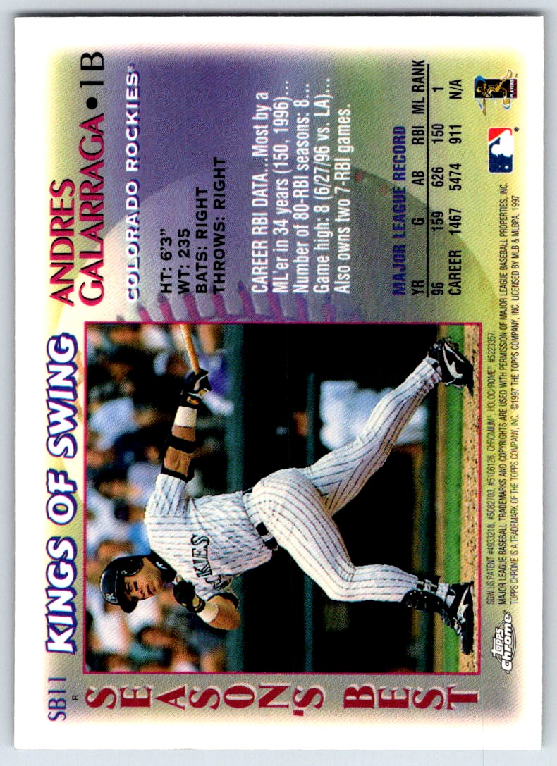 1997 Topps Chrome Season's Best Andres Galarraga #SB11 card back image