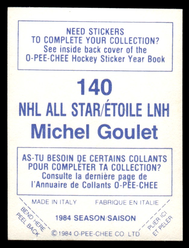 1984-85 O-Pee-Chee Stickers Michel Goulet #140 card back image